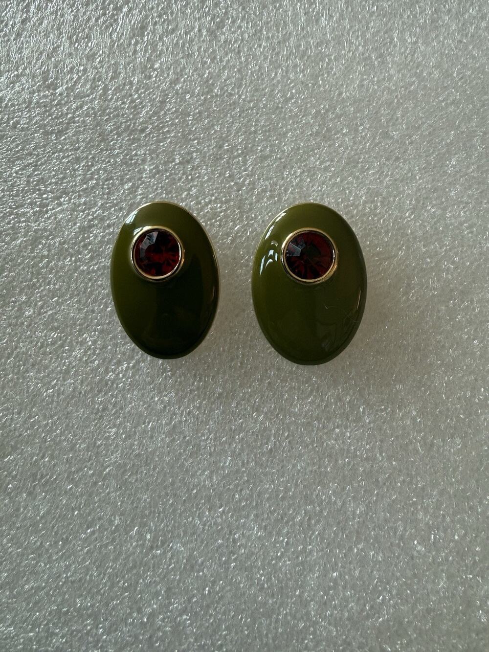 Olive Cocktail Novelty Green Red Gem Oval Pierced Earrings